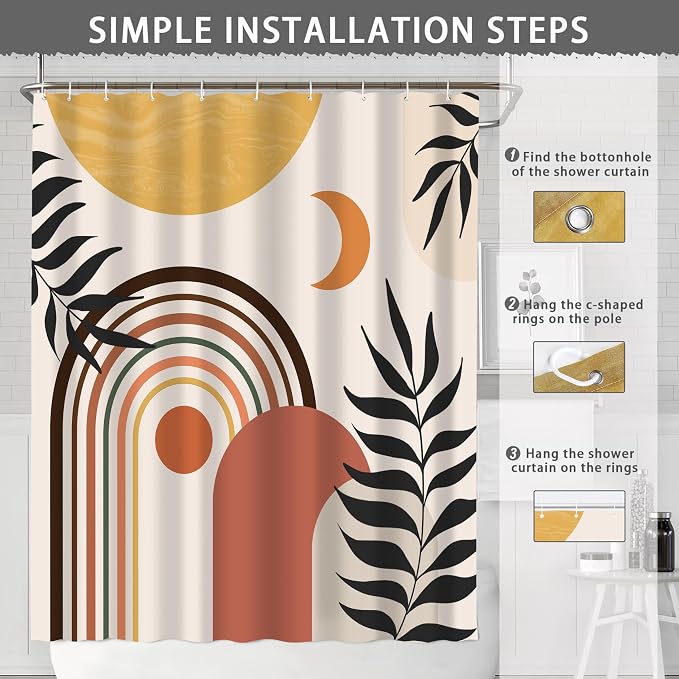 Mid Century Abstract Boho Aesthetic Shower Curtain Set, Green Nature Leaf Sun Modern Minimalist Home Bathroom Curtain Decor with 12 Hooks 72 Inch Wide * 72 Inch High