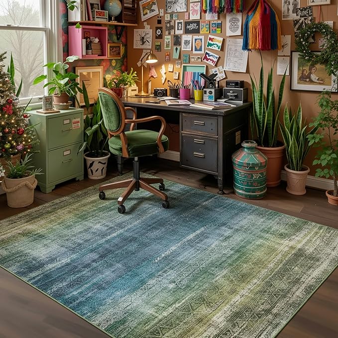 Kokia Abstract Teal Area Rugs 6x9 Boho Washable Distressed Retro Indoor Floor Rug Multicolor Low Pile Non-Slip Non-Shedding Carpet Bedroom Living Room Dining Room, Blue and Green