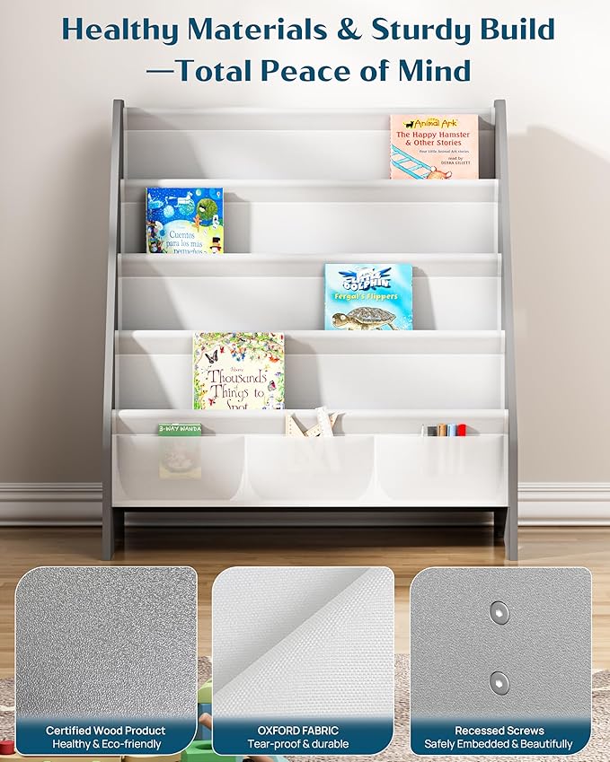 SEIRIONE Sturdy Kids Bookshelf,4-Tier Book Shelf for Kids Room with Tear-Proof Oxford Fabric-Nursery Room Playroom Classroom,Deep Slings to Keep Books Upright,Ideal Height for Toddler Age 3+, Grey
