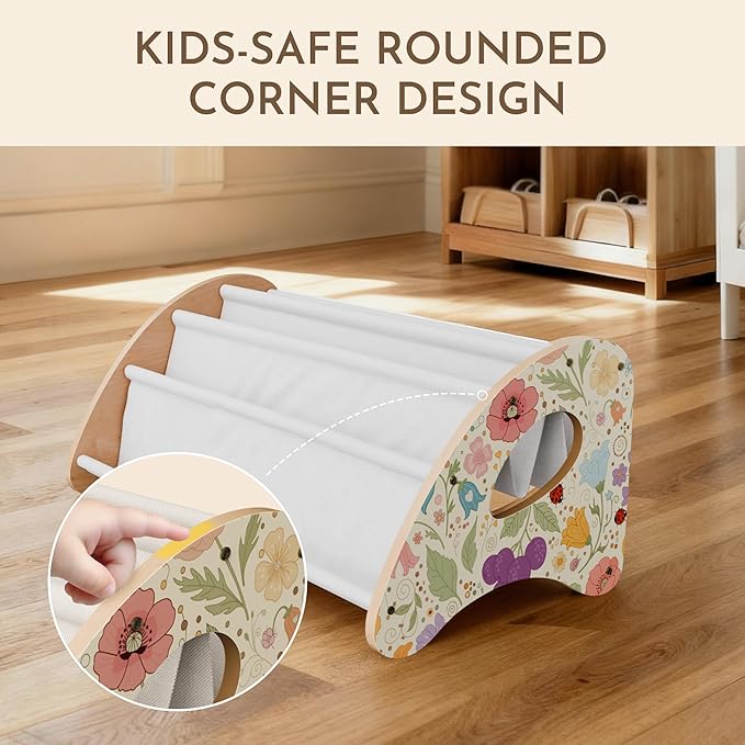 Toddler Bookshelf,4-Tier Book Rack Organizer with Fabric Storage Pockets, Wooden Bookshelves with Open Forward Display, Montessori Book Shelf for Nursery/Playroom, Natural Flower Design/White