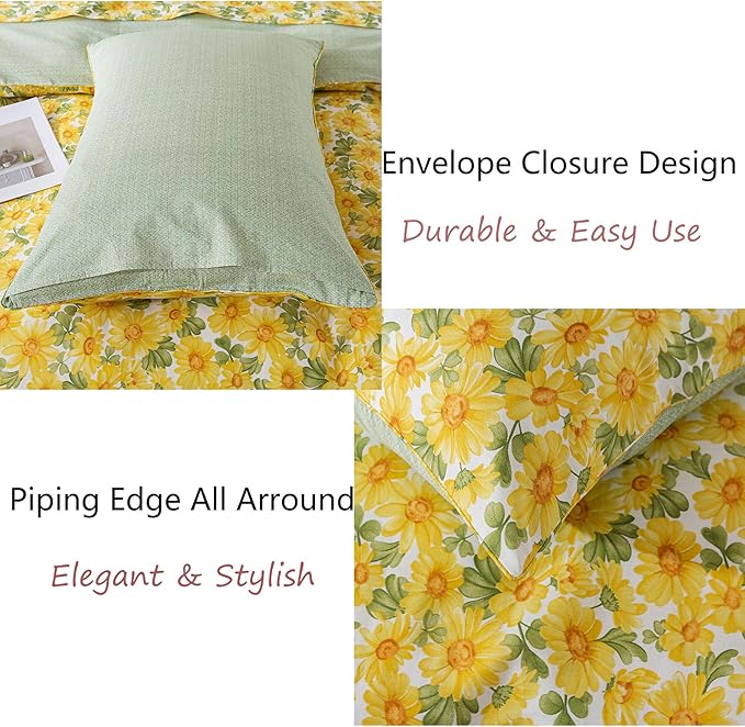 FADFAY Sunflower College Duvet Cover Set Vintage Yellow Daisy Floral Bedding Shabby Botanical Dorm Room Comforter Cover Set 100% Cotton Soft Quilt Cover with Hidden Zipper Closure 3Pcs, Twin XL Size