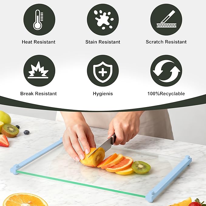 2PCS Glass Cutting Board with Silicone Grip, 80% Stronger Shatter Resistance and Slip Resistance,No Scratches/Microplastic-Free,Dishwasher Safe, Non Toxic Chopping Board for Kitchen (Blue)