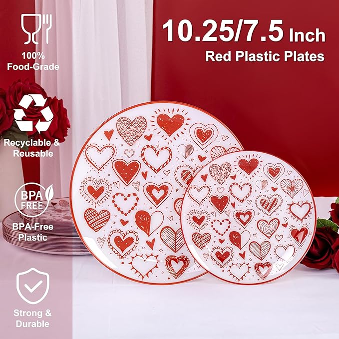 U-QE 20Pcs Red Plastic Plates - Diamond Heart Plates Disposable Heavy Duty, Fancy Love Pattern Perfect for Weddings, Parties, Valentine's Day - 10.25" Dinner Plate & 7.5" Dessert Plate