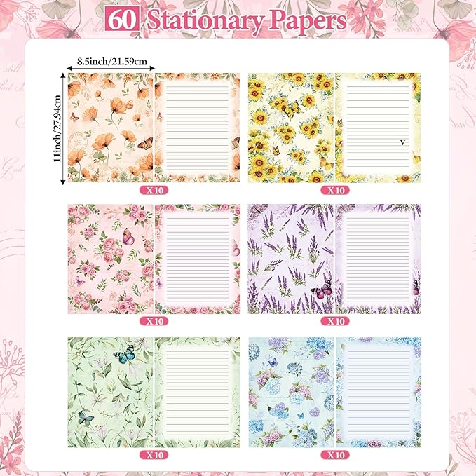 Funrous 90 Pcs Stationary Paper and Envelopes Set, Christmas 60 Sheets Floral Letter Paper and 30 Envelopes, 8.5 x 11 Inch Lined Writing Sheet for Wedding Religious Xmas Party Invitation Gift Decor