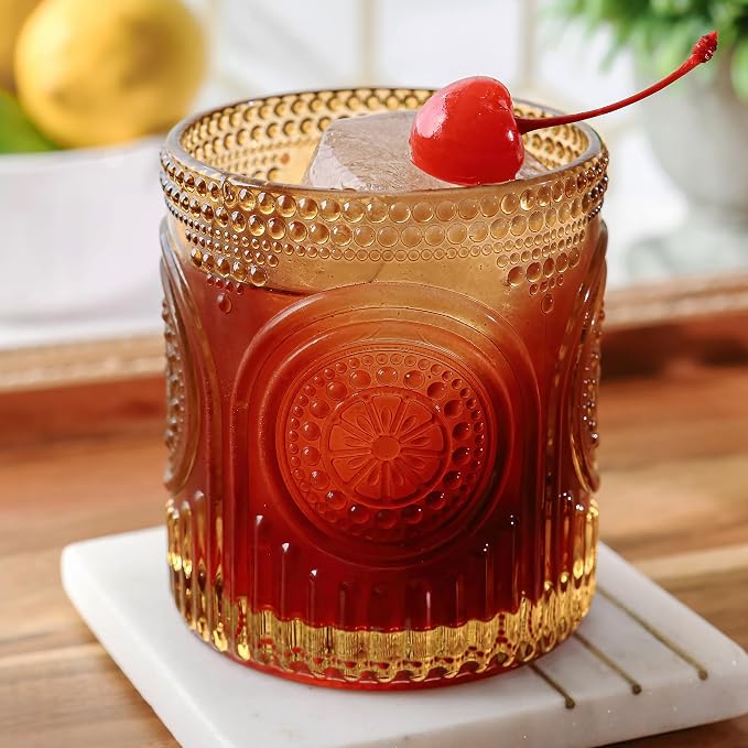 Vintage Amber Drinking Glasses Set of 6 by Kate Aspen - 10 oz Ribbed Glassware for Drinking Water, Juice, Cocktail Glasses - Ribbed Glass Cups Set, Iced Coffee Cup, Kitchen Drinkware or Home Bar