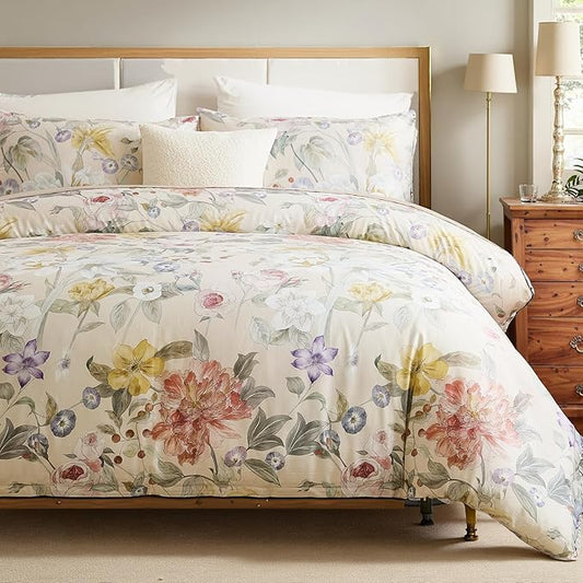 100% Cotton Duvet Cover Queen Size – Blooming Garden Duvet Cover Set with Zipper Closure & Corner Ties, 3-Piece Silky Soft & Breathable Pastel Floral Bedding Set for All Seasons