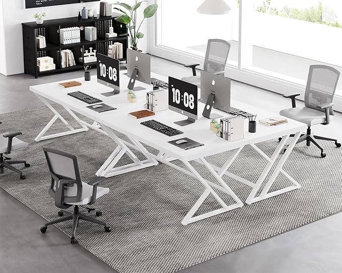 LVB White Computer Desk, Modern Wood Home Office Desk for PC Writing Work, Metal Wooden Executive Workstation Student Simple Desk, Computer Study Gaming Bedroom Table, 55 Inch, White Oak