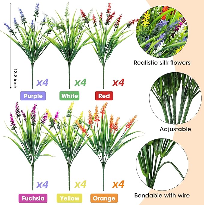 Ouddy Decor 24 Bundles Artificial Flowers for Outdoors, Fake Lavender Flowers Monkey Grass Faux Plastic Plants Shrubs UV Resistant for Porch Garden Window Box Office Home Decorations, Mixed