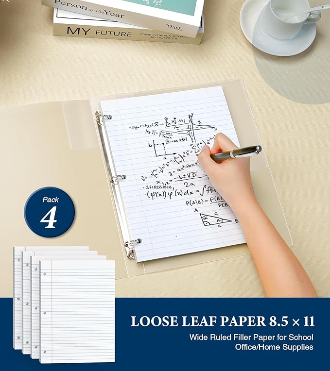 400 Sheets 8.5 x 11 Wide Ruled Paper, Loose Leaf Paper, 3 Hole Punch Paper 8.5 x 11 White Loose Leaf Notebook Paper for 3 Ring Binders, Lined Paper Wide Ruled, Writing Paper (4 Pack)