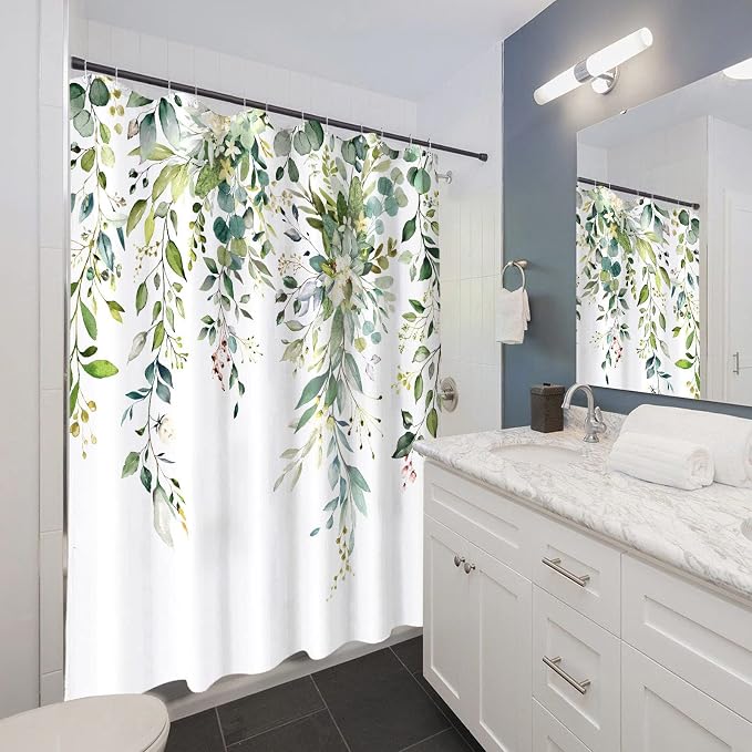 Green Eucalyptus Shower Curtain Watercolor Floral Plant Leaf Shower Curtains for Bathroom Sage Botanical Flower Waterproof Fabric Bath Curtain Decor with Hooks (Green, 72'' x 72'')