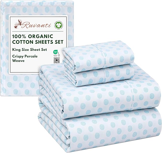 RUVANTI 100% Organic Cotton Sheets King Size, Percale Weave, GOTS Certified, 4-Piece Set, Deep Pocket 15", Crisp & Breathable, Soft Durable Bedding, Sábanas Algodón Orgánico – Circle Imprint