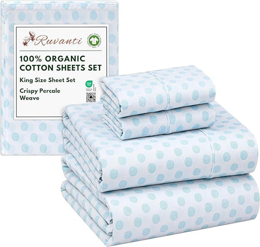 RUVANTI 100% Organic Cotton Sheets King Size, Percale Weave, GOTS Certified, 4-Piece Set, Deep Pocket 15", Crisp & Breathable, Soft Durable Bedding, Sábanas Algodón Orgánico – Circle Imprint