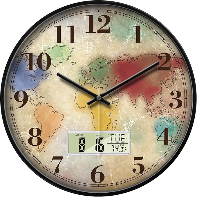 Vintage World Map Wall Clock, 12 Inch Silent Non-Ticking Battery Operated Analog Clock with LCD Date Day Temp Display, Decorative for Living Room, Bedroom, Kitchen, Study, Dining Room