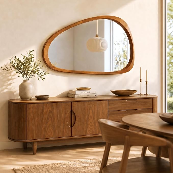Solid Wood 36"x24" Modern Organic Asymmetrical Mirror, Warm Walnut Irregular Wooden Wall-Mounted Mirror, Sculptural Spa-Like Bathroom Vanity Mirror, Honey Walnut