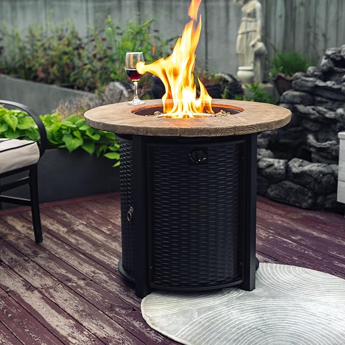 30" Propane Gas Fire Pit Table, 50000 BTU Imitation Wood Grain Finish Round Steel Fire Pit with Lid & Glass 2 in 1 Fire Pit Table Rock for Outside Patio Deck Garden Courtyard