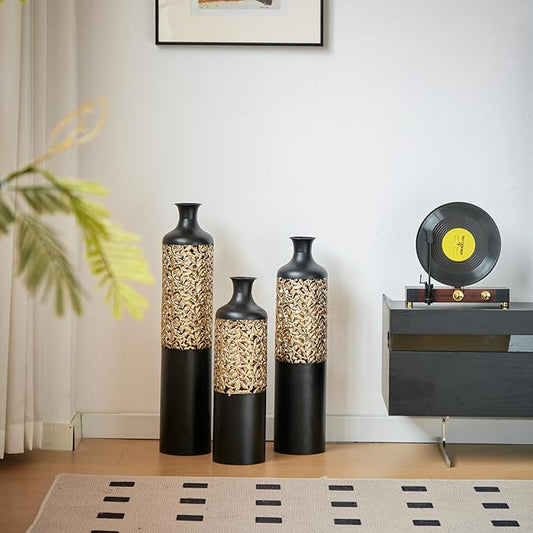 Metal Floor Vases Decorative, Set of 3 Flower Arrangement Stand, Metal Decorative Vase Tall Distressed Metallic Centerpiece Vases with 3D Triangle Pattern, 28.7", 24.8", 20.8" H (Black＆Gold)