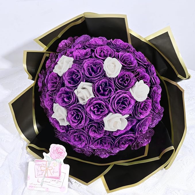 36+20 Glitter Roses Bouquet, DIY Fake Flowers Bouquet, Craft the Initials of Your Loves' Name with Artificial Rose for Valentines, Anniversary, Wedding, Mothers Day Gifts, Purple & White
