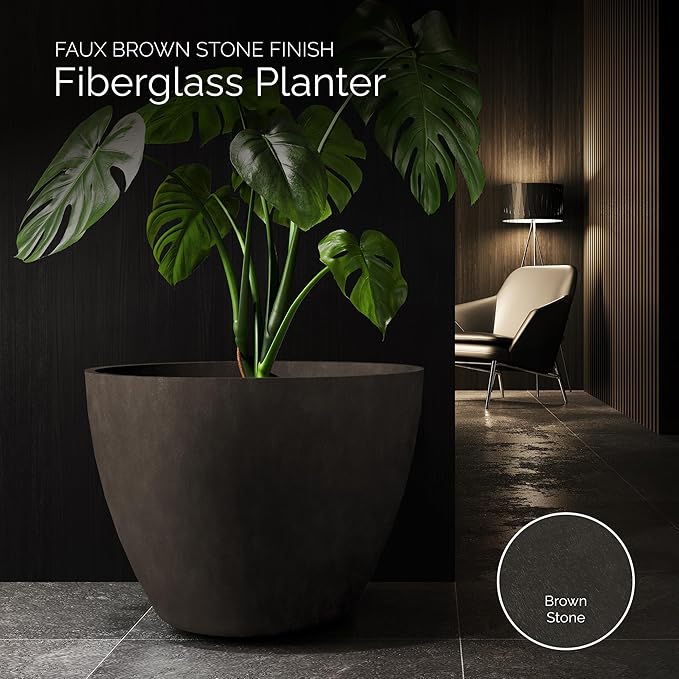 Lupo Tapered Planter – Brown Stone Finish – Fiberglass Indoor/Outdoor and Weather-Resistant Medium Planter (20" D x 15.4" H Exterior, 18.9" D x 14.8" H Interior)
