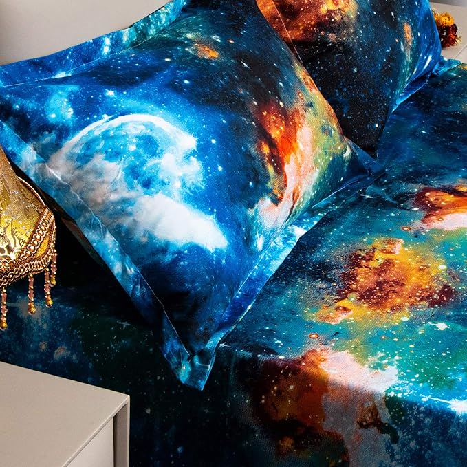 Bedlifes Galaxy Outer Space Sheet Set, Galaxy Themed, 3 pcs Including Flat Sheet, Fitted Sheet, and 1 Pillowcase (Blue Full)