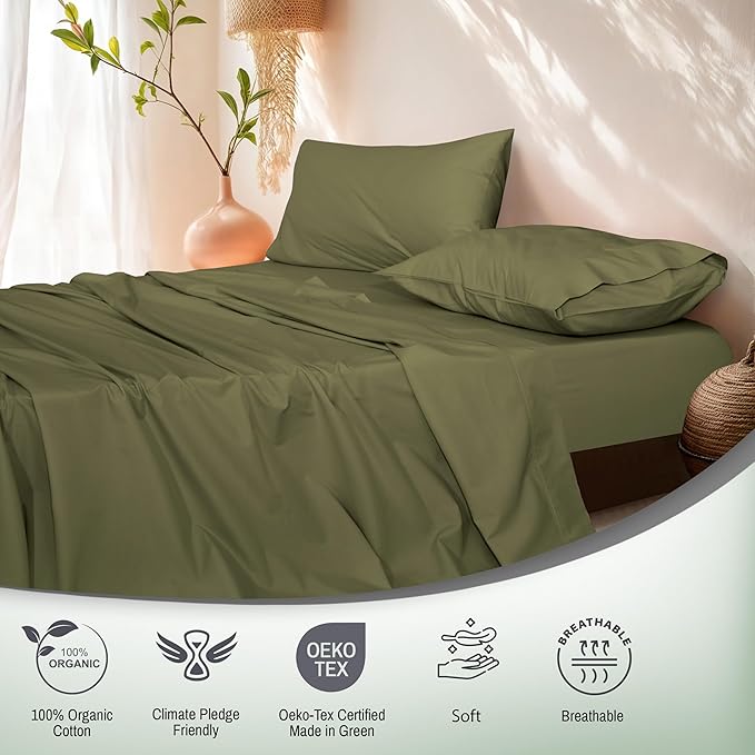 RUVANTI 100% Organic Cotton Sheets Twin XL, Percale Weave, GOTS Certified, 3-Piece Set, Deep Pocket 15", Crisp & Breathable, Soft Durable Bedding, Sábanas Algodón Orgánico – Olive