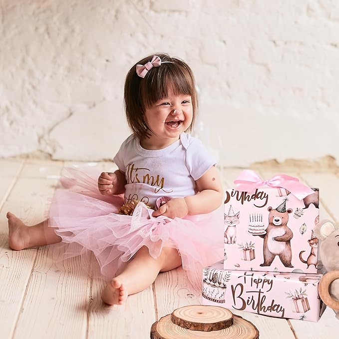 Altarho Birthday Wrapping Paper Roll - Birthday Safari Woodland Animals with Gift Box Cake Design Gift Wrap Sheets for Kids Boys Baby Shower Party Decoration Celebration Total 28.5sq.ft