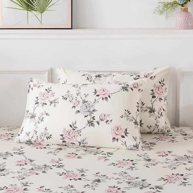 FADFAY Floral Sheets Set Twin Vintage Rose Floral Bedding Shabby Grey and Pink Peony Print Sheets Farmhouse Bedding 800 Thread Count 100% Egyptian Cotton Soft Deep Pocket Fitted Sheet 4Pcs, Twin Size