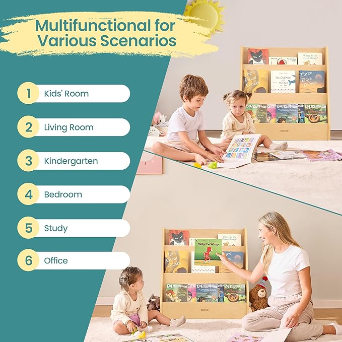 Kids Bookshelf for Toddlers, 3-Tier Wooden Montessori Bookshelf, Classic Style, Children's Bookcases, Nursery, Classroom, Playroom