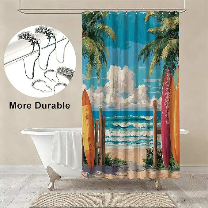 Coastal Surfboard Shower Curtain Tropical Palm Tree Shower Curtains for Bathroom Waterproof Fabric Bath Curtain Decor with Hooks