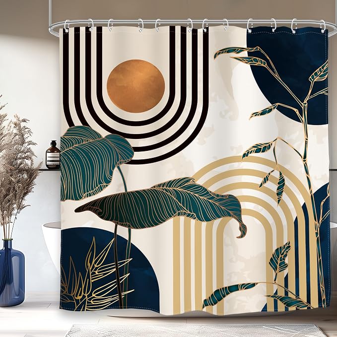 Glawry Blue Abstract Mid Century Shower Curtain Boho Retro Tropical Palm Tree Modern Sun Arch Bathroom Aesthetic Geometric 72Wx72L Inches Bath Accessories Art Home Decor Fabric 12 Pack Hooks