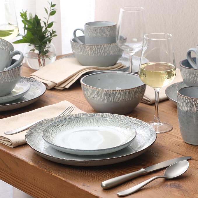 Gibson Elite Jasper 16 Piece Plates and Bowls Reactive Glaze Dishes Stoneware Ceramic Dinnerware Set - Service for 4 - Grey