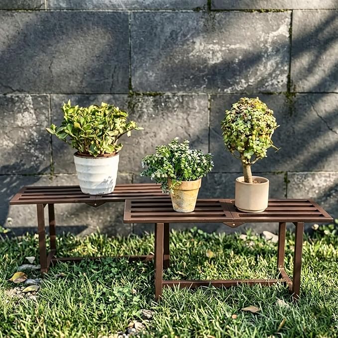 Plant Stand Indoor Outdoor, Foldable Metal Plant Shelf for Multiple Pots, Mid Century Slatted Bench for Patio Garden, Heavy Duty Capacity 330 lbs 2 Pack Coffee