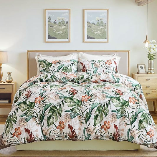 Bedding_Dreamer 100% Cotton Comforter Set Floral Queen Bedding Green Palm Leaf Comforter Set Botanical Home Decor 3 Pcs with 2 Pillowcases Reversible for All Season