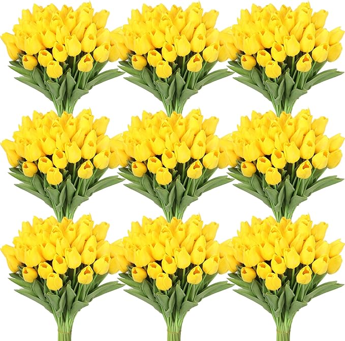 Janinka 100pcs Artificial Tulip Flowers Fake PU Tulips Faux Latex Bouquet Flower Centerpieces Arrangement Floral for Mother Day Wedding Spring Decorations (Yellow)
