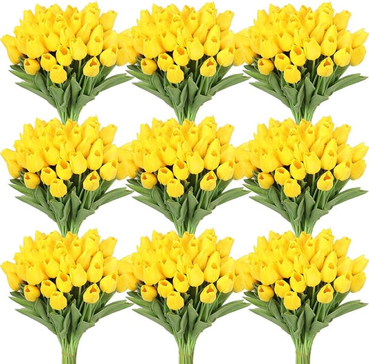 Janinka 100pcs Artificial Tulip Flowers Fake PU Tulips Faux Latex Bouquet Flower Centerpieces Arrangement Floral for Mother Day Wedding Spring Decorations (Yellow)