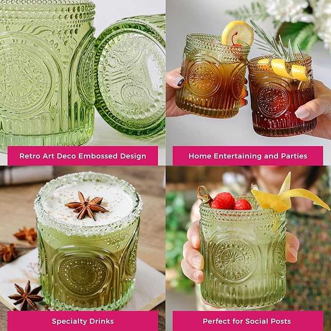 Kate Aspen Retro Arch Floral Green Drinking Glasses Set of 6-10 oz Vintage Beaded Glassware, Textured Water & Cocktail Cups, Holiday Drinkware, Christmas Gift Glass Set, Hostess or Holiday Gift