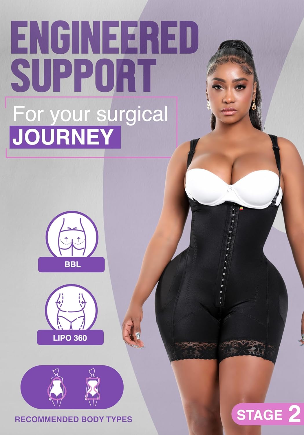 Snatched Body Tummy Control Shapewear Bodysuit - Stage 2 Faja Short Leg for Post-Op BBL