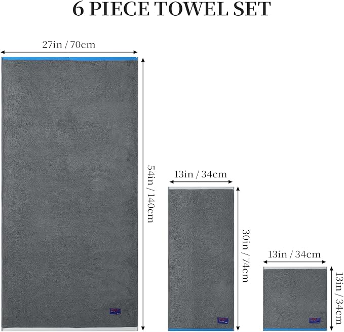 REDKISS 6 Piece Bath Towel Set, 100% Cotton, Soft Absorbent 600 GSM | Includes 2 Bath Towels, 2 Hand Towels & 2 Washcloths | Quick Dry | Contrast Border Design | Bathroom | Guest Bath & Apartment
