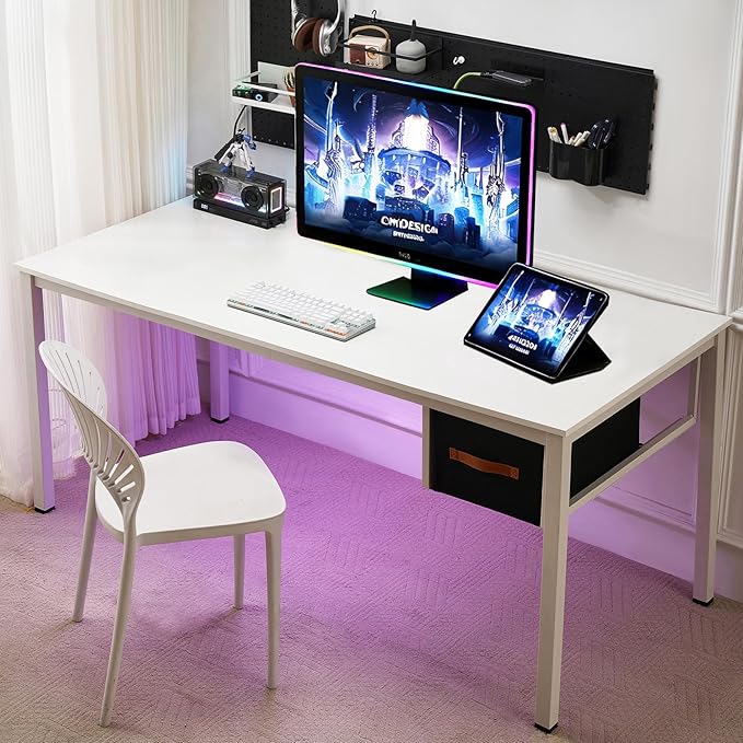 White Computer Desk with Drawer, 63 Inch Large Home Office Work Desks, Modern Writing Study PC Desk Gaming Table for Bedroom Home, Stable Thick Metal Legs Frame Support