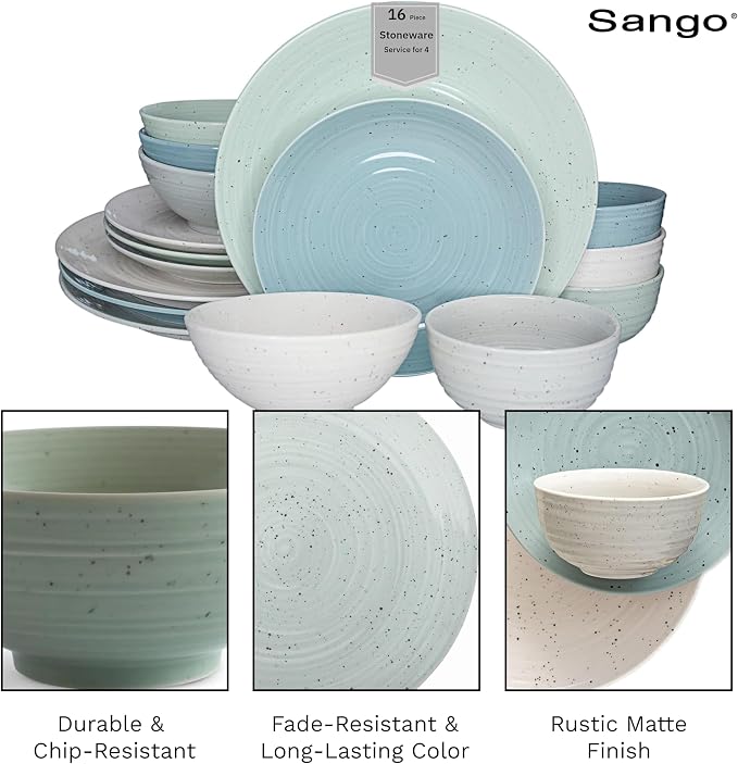 Sango Siterra Artist's Blend 16-Piece Stoneware Dinnerware Set for 4, Green, Cream & White Glossy Dishes with Speckles, Ceramic Plates and Bowls Sets for Everyday Dining, Microwave & Dishwasher Safe