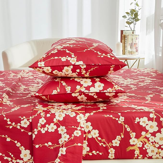 Brandream Sheets Set Twin Size Japanese Oriental Style Cherry Red Floral Blossom Branches Print Chinoiserie Bedsheets Pillowcases Set 100% Egyptian Cotton Sateen Botanical Tree Deep Pocket, 4 Pieces