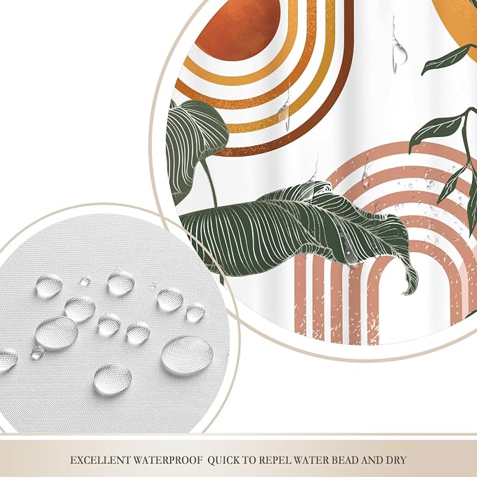 Glawry Orange Pink Boho Mid Century Shower Curtain Abstract Retro Tropical Palm Leaf Plant Sun Arch Minimalist Bathroom Geometric 72Wx72L Inches Bath Accessories Art Home Decor Fabric 12 Hooks