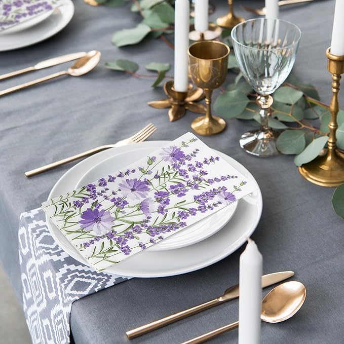 Homlouue Purple Lavender Floral Napkins, 100PCS 3 Ply Guest Towels Disposable Bathroom, Floral Paper Napkins Disposable, Flower Paper Napkins Decorative for Spring Summer Fall Party Decorations