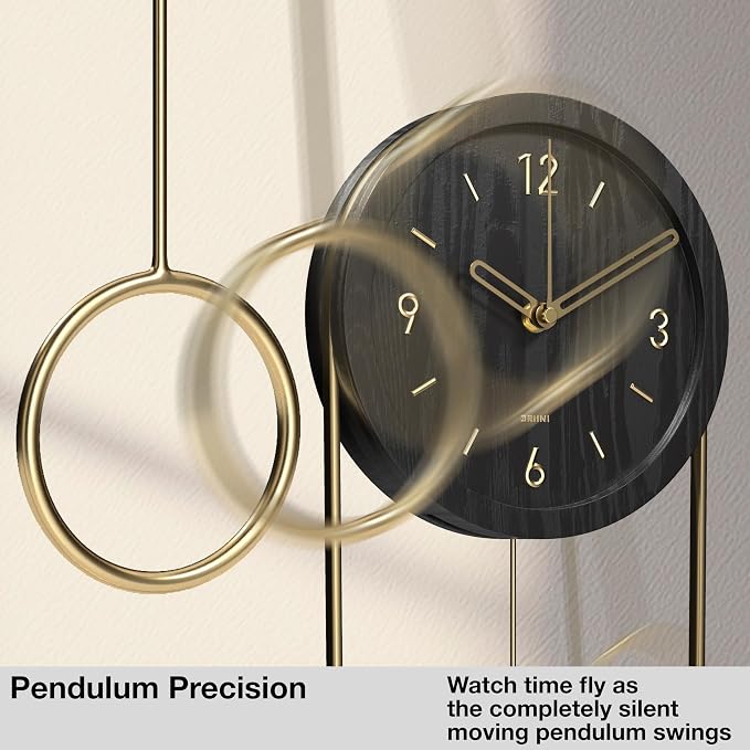 Driini Decorative Wall Clock with Pendulum (Black) – Modern Wood, 3D Gold Numbers, Metal Frame – Small, Unique Wall Clocks for Living Room Decor or Bathroom - Battery Operated, Silent, Non-Ticking