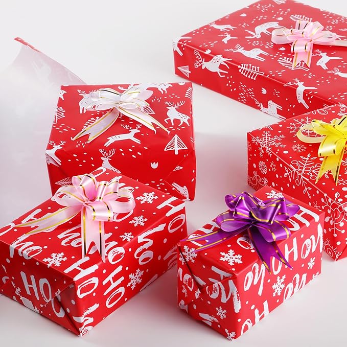 Miss DuiDui Christmas Red Gift Wrapping Paper, 3 Rolls, 17 inch x 9.8 feet, Red with White Reindeer and Snowflake Design for Christmas, Party, Holiday, Girls Kids Boys