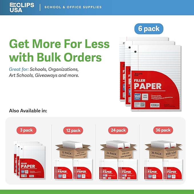 Wide Ruled Loose Leaf Paper Wide Ruled Notebook Paper Lined Writing Filler Paper 10.5” x 8” 56 gsm 900 Sheets 150 Sheet Per Pack (6 Pack)