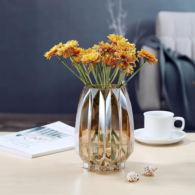 Glass Vase - Modern Ribbed Glass Vase for Flowers, Candles, and Decorative Accents -Black Grey, Amber, Clear and Colored Tall/Short Glass Vase for Centerpieces Home Table Decor (Amber, H-7.87inch)