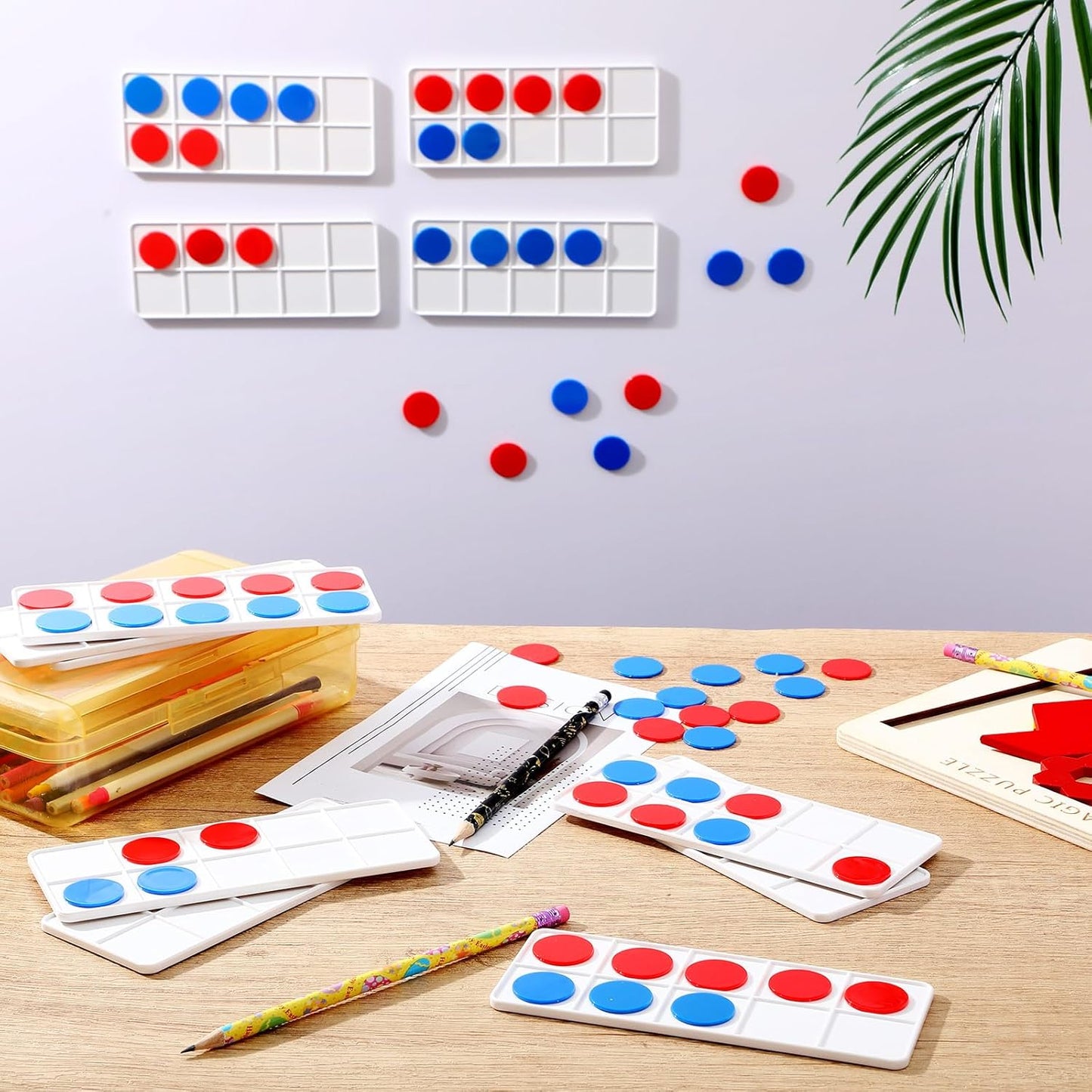 Soulchen 12 Sets Plastic Ten Frames - Essential Math Manipulatives for Kids | Includes 120 Red & Blue Counters