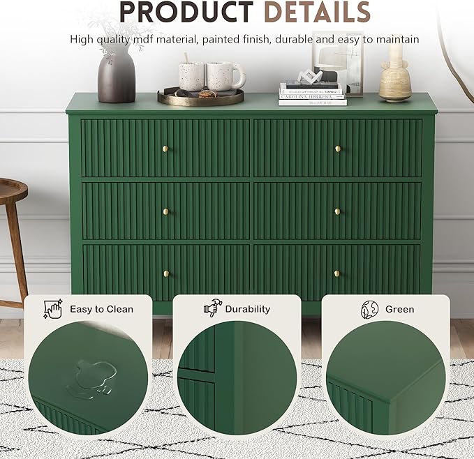 Green Dresser for Bedroom, 6 Drawers Fluted Chest of Drawers with Storage, Modern Wide Storage Dresser with Paint Design, Wood Drawer Organizer Green Dressers for Hallway, Entryway
