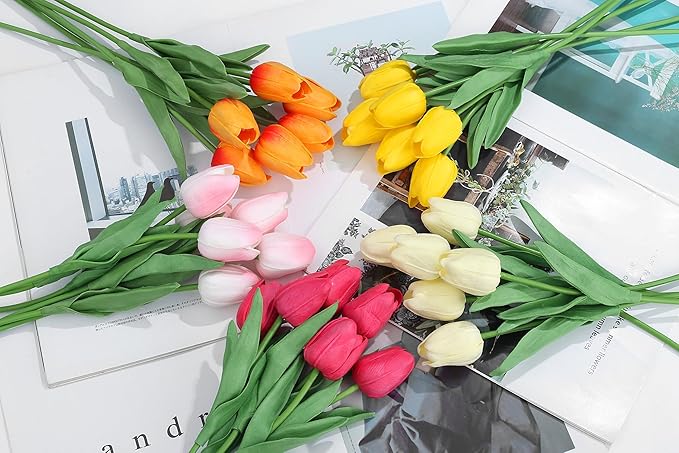 20pcs 14" Tulips Artificial Flowers for Real Touch Fake Tulips Slik Faux Flowers for Summer Wedding Bouquet Spring Mother's Day Home Decor (6 Color)