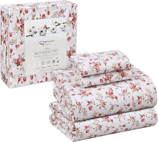 RUVANTI 100% Cotton California King Sheet Sets, 4 Pieces, Soft & Breathable Percale Weave Bedding, Deep Pocket 14", Hotel Standard, Crisp Cool Feel & Durable, Perfect Floral Sheets, Bouquet